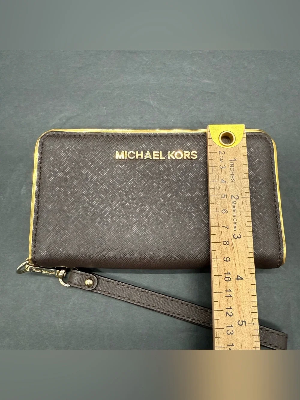 Michael Kors Chocolate Brown Saffiano Zip Wristlet with Gold Hardware